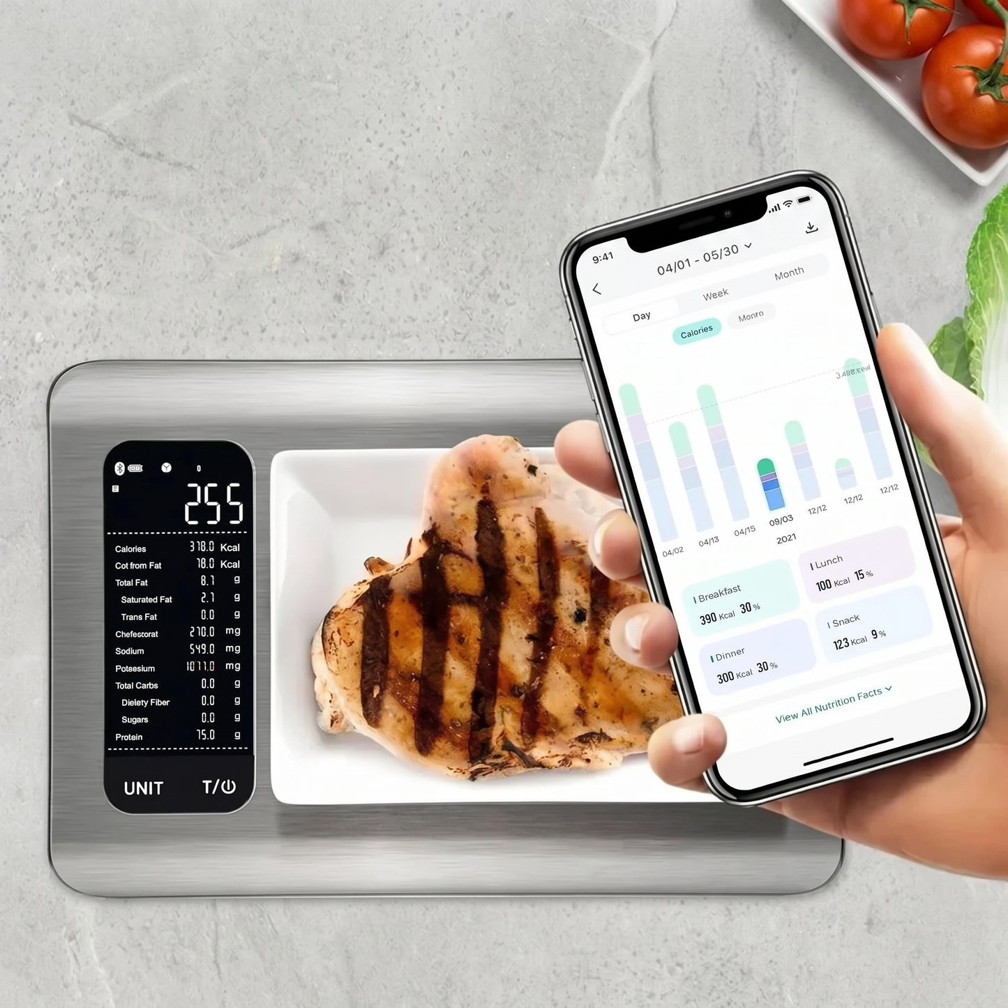 Smart Nutrition Kitchen Scale weighing food with companion nutrition app on phone