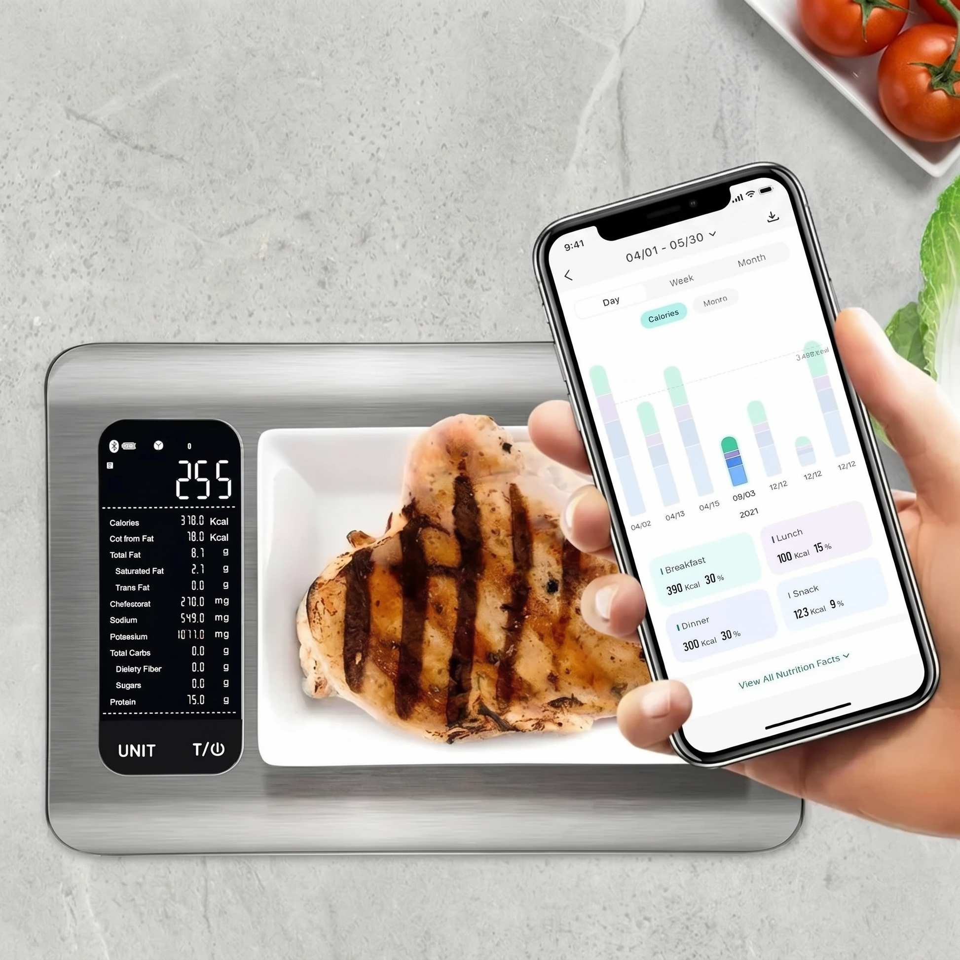 Smart Nutrition Kitchen Scale weighing food with companion nutrition app on phone